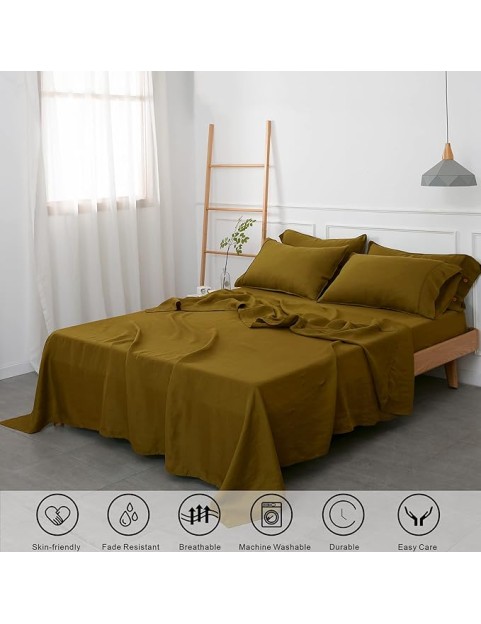 Pure Linen Sheets Set,GOTS Certified Stone Washed Natural French Flax King Size 4pcs Boho Bedding Set(2 Pillowcases,1 Fitted Sheet,1 Flat Sheet) Soft Cozy-Ecru Olive