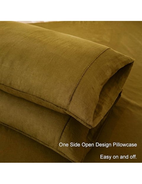 Pure Linen Sheets Set,GOTS Certified Stone Washed Natural French Flax King Size 4pcs Boho Bedding Set(2 Pillowcases,1 Fitted Sheet,1 Flat Sheet) Soft Cozy-Ecru Olive