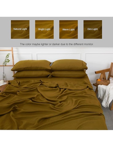 Pure Linen Sheets Set,GOTS Certified Stone Washed Natural French Flax King Size 4pcs Boho Bedding Set(2 Pillowcases,1 Fitted Sheet,1 Flat Sheet) Soft Cozy-Ecru Olive