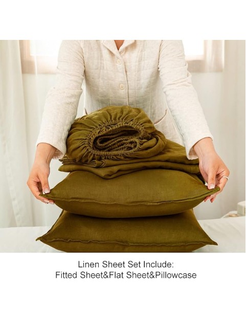 Pure Linen Sheets Set,GOTS Certified Stone Washed Natural French Flax King Size 4pcs Boho Bedding Set(2 Pillowcases,1 Fitted Sheet,1 Flat Sheet) Soft Cozy-Ecru Olive