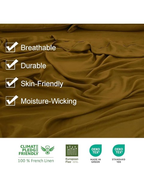Pure Linen Sheets Set,GOTS Certified Stone Washed Natural French Flax King Size 4pcs Boho Bedding Set(2 Pillowcases,1 Fitted Sheet,1 Flat Sheet) Soft Cozy-Ecru Olive