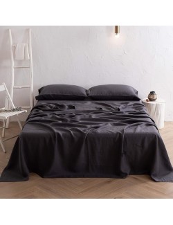 Bedding Linen Bed Sheet Set - Pure French Linen Sheets Stone Washed Organic Flax Bedding Farmhouse Set of 4 - Deep Pocket Fitted Sheet & Flat Sheet & 2 Pillowcase (Dark Grey Queen)