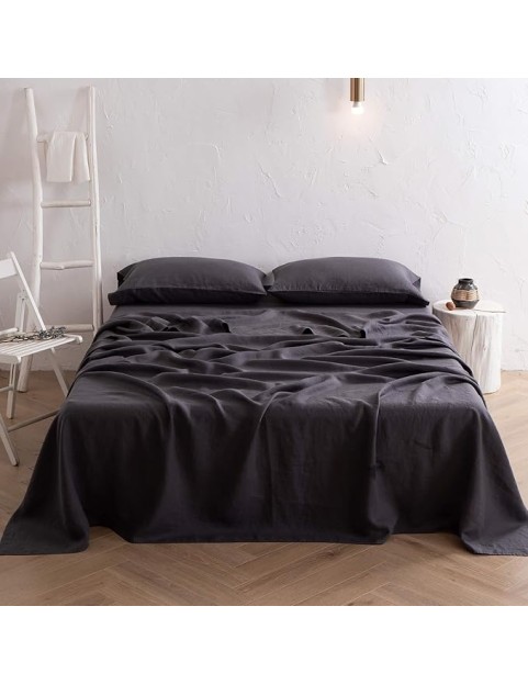 Bedding Linen Bed Sheet Set - Pure French Linen Sheets Stone Washed Organic Flax Bedding Farmhouse Set of 4 - Deep Pocket Fitted Sheet & Flat Sheet & 2 Pillowcase (Dark Grey Queen)