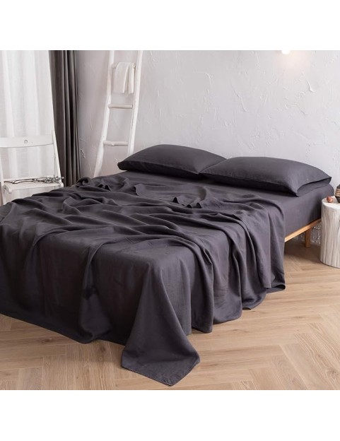Bedding Linen Bed Sheet Set - Pure French Linen Sheets Stone Washed Organic Flax Bedding Farmhouse Set of 4 - Deep Pocket Fitted Sheet & Flat Sheet & 2 Pillowcase (Dark Grey Queen)