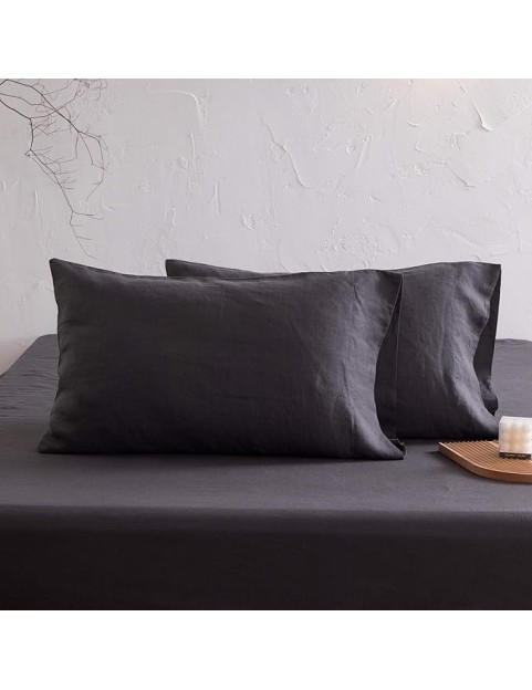 Bedding Linen Bed Sheet Set - Pure French Linen Sheets Stone Washed Organic Flax Bedding Farmhouse Set of 4 - Deep Pocket Fitted Sheet & Flat Sheet & 2 Pillowcase (Dark Grey Queen)