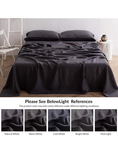 Bedding Linen Bed Sheet Set - Pure French Linen Sheets Stone Washed Organic Flax Bedding Farmhouse Set of 4 - Deep Pocket Fitted Sheet & Flat Sheet & 2 Pillowcase (Dark Grey Queen)