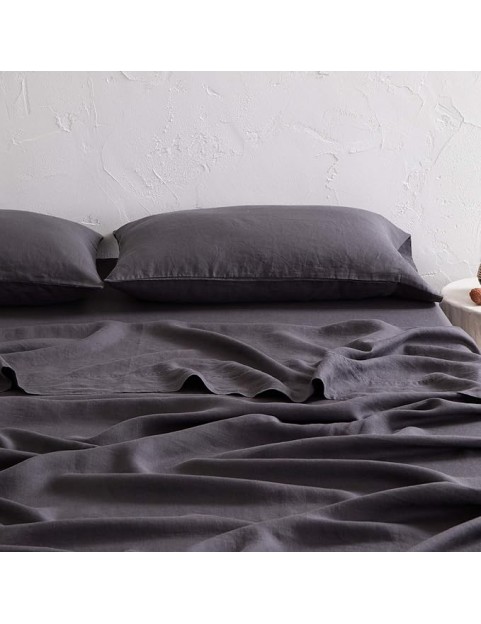 Bedding Linen Bed Sheet Set - Pure French Linen Sheets Stone Washed Organic Flax Bedding Farmhouse Set of 4 - Deep Pocket Fitted Sheet & Flat Sheet & 2 Pillowcase (Dark Grey Queen)