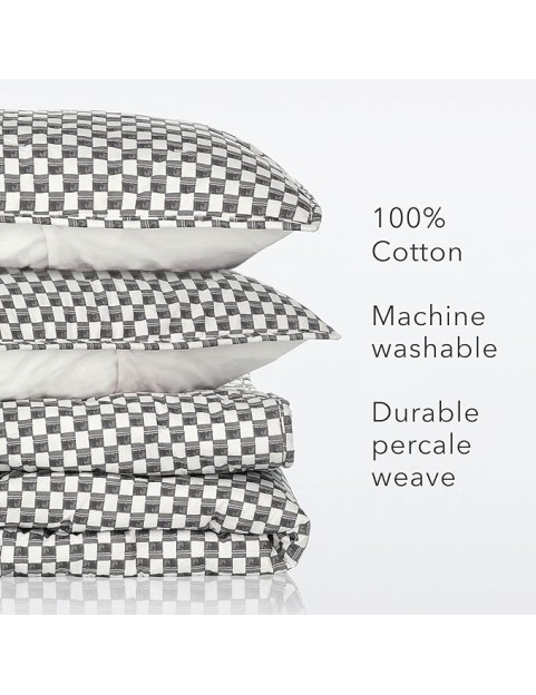 by Nate Berkus Drawn Squares Decorative Cotton Quilt Set | All-Season Coverlet Bedspread, Bedding from mDesign, King Size, 1 Quilt/2 Pillow Shams, Charcoal/Parchment