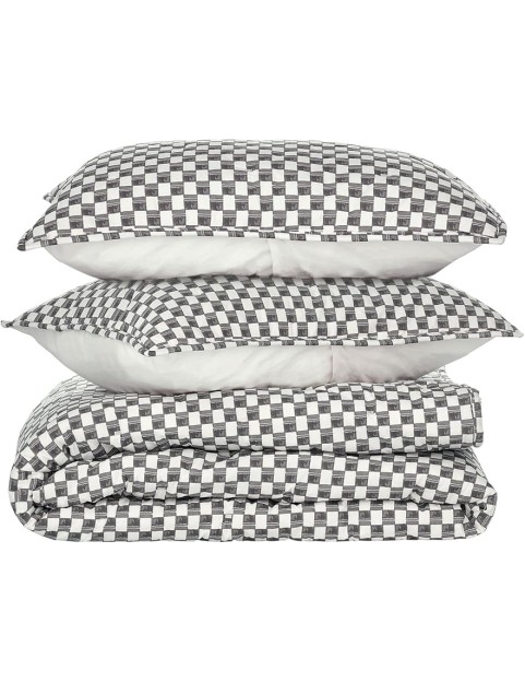 by Nate Berkus Drawn Squares Decorative Cotton Quilt Set | All-Season Coverlet Bedspread, Bedding from mDesign, King Size, 1 Quilt/2 Pillow Shams, Charcoal/Parchment