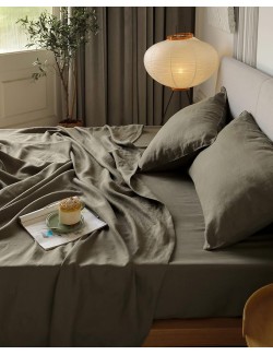 Olive Green Linen Sheets Queen Size, 100% Washed French Flax Organic Linen Sheets, Breathable and Cooling Sheets for Hot Sleepers Queen Bed Sheets(1 Flat Sheet, 1 Fitted Sheet, 2 Pillowcases)