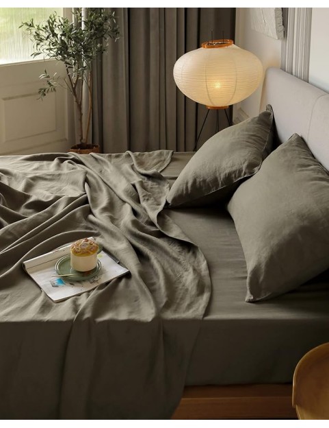 Olive Green Linen Sheets Queen Size, 100% Washed French Flax Organic Linen Sheets, Breathable and Cooling Sheets for Hot Sleepers Queen Bed Sheets(1 Flat Sheet, 1 Fitted Sheet, 2 Pillowcases)
