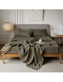 Olive Green Linen Sheets Queen Size, 100% Washed French Flax Organic Linen Sheets, Breathable and Cooling Sheets for Hot Sleepers Queen Bed Sheets(1 Flat Sheet, 1 Fitted Sheet, 2 Pillowcases)