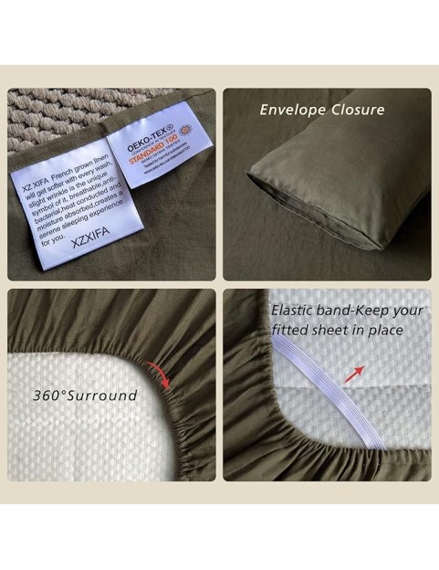 Olive Green Linen Sheets Queen Size, 100% Washed French Flax Organic Linen Sheets, Breathable and Cooling Sheets for Hot Sleepers Queen Bed Sheets(1 Flat Sheet, 1 Fitted Sheet, 2 Pillowcases)