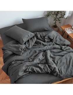Stone Washed Organic French Linen Bed Sheet Set, GOTS Certified Organic, Best Cooling Linen Sheet Award by Sleep Foundation, 3 Piece - 2 Pillowcases and 1 Fitted Sheet (Storm, Queen)