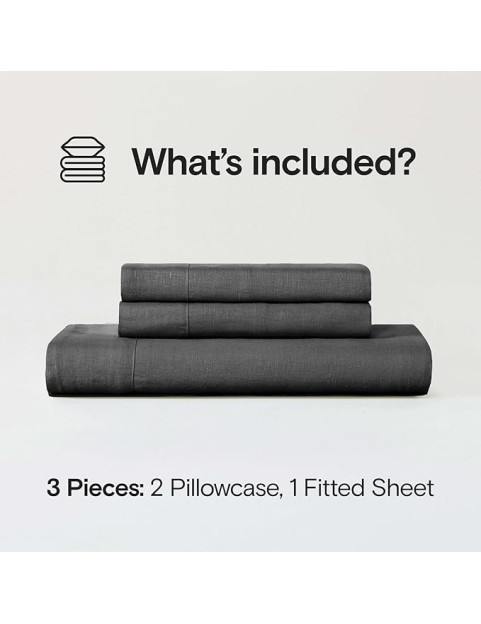 Stone Washed Organic French Linen Bed Sheet Set, GOTS Certified Organic, Best Cooling Linen Sheet Award by Sleep Foundation, 3 Piece - 2 Pillowcases and 1 Fitted Sheet (Storm, Queen)