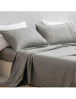 100% Washed French Linen Sheet Set-Queen Size-Charcoal Linen-4 Pieces (1 Flat Sheet, 1 Fitted Sheet & 2 Pillowcases), 16" Deep Pocket, Breathable,Ultra Soft and Durable