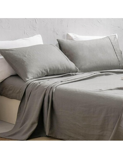 100% Washed French Linen Sheet Set-Queen Size-Charcoal Linen-4 Pieces (1 Flat Sheet, 1 Fitted Sheet & 2 Pillowcases), 16" Deep Pocket, Breathable,Ultra Soft and Durable