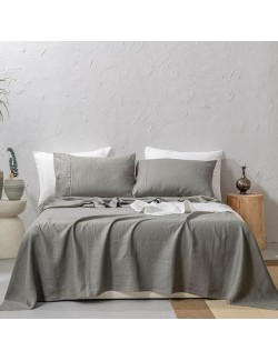 100% Washed French Linen Sheet Set-Queen Size-Charcoal Linen-4 Pieces (1 Flat Sheet, 1 Fitted Sheet & 2 Pillowcases), 16" Deep Pocket, Breathable,Ultra Soft and Durable