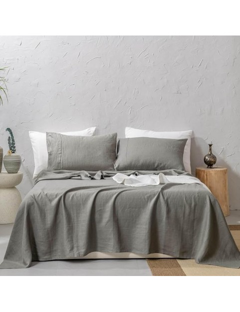 100% Washed French Linen Sheet Set-Queen Size-Charcoal Linen-4 Pieces (1 Flat Sheet, 1 Fitted Sheet & 2 Pillowcases), 16" Deep Pocket, Breathable,Ultra Soft and Durable
