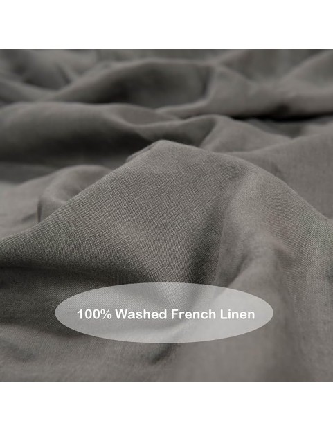 100% Washed French Linen Sheet Set-Queen Size-Charcoal Linen-4 Pieces (1 Flat Sheet, 1 Fitted Sheet & 2 Pillowcases), 16" Deep Pocket, Breathable,Ultra Soft and Durable
