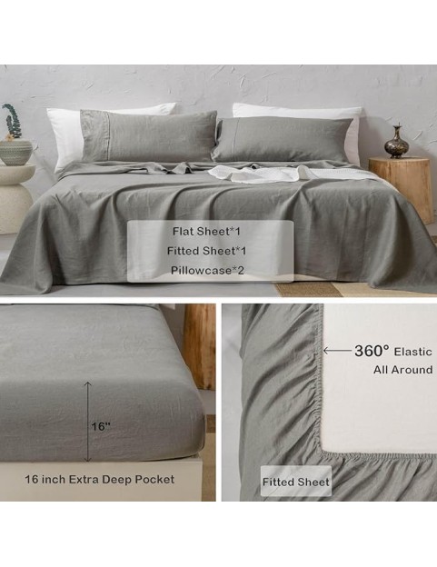100% Washed French Linen Sheet Set-Queen Size-Charcoal Linen-4 Pieces (1 Flat Sheet, 1 Fitted Sheet & 2 Pillowcases), 16" Deep Pocket, Breathable,Ultra Soft and Durable