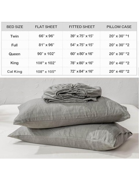 100% Washed French Linen Sheet Set-Queen Size-Charcoal Linen-4 Pieces (1 Flat Sheet, 1 Fitted Sheet & 2 Pillowcases), 16" Deep Pocket, Breathable,Ultra Soft and Durable