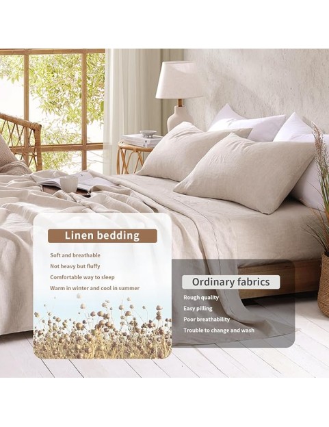 Linen Sheets King Size, 100% Organic French Linen Bed Sheets, 4Pcs Soft Breathable and Durable for All Season Bedding Sheets Set, Linen