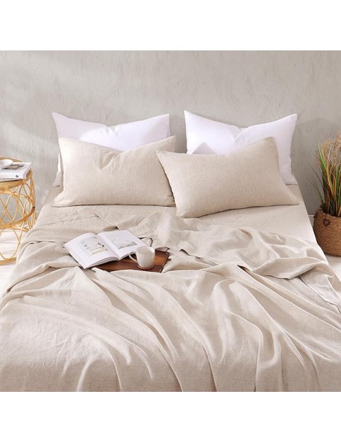 Linen Sheets King Size, 100% Organic French Linen Bed Sheets, 4Pcs Soft Breathable and Durable for All Season Bedding Sheets Set, Linen
