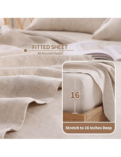 Linen Sheets King Size, 100% Organic French Linen Bed Sheets, 4Pcs Soft Breathable and Durable for All Season Bedding Sheets Set, Linen