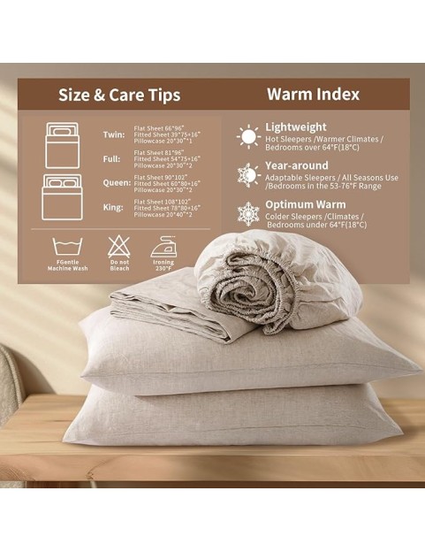 Linen Sheets King Size, 100% Organic French Linen Bed Sheets, 4Pcs Soft Breathable and Durable for All Season Bedding Sheets Set, Linen