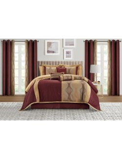 Elegant Wine Gold Comforter Set Califirnia King Size, Striped,15 Piece Room-in-A-Bag, Jacquard Bedding Set, All Season, Matching Decorative Pillows, Pillow Sham, Curtains