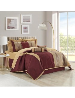 Elegant Wine Gold Comforter Set Califirnia King Size, Striped,15 Piece Room-in-A-Bag, Jacquard Bedding Set, All Season, Matching Decorative Pillows, Pillow Sham, Curtains