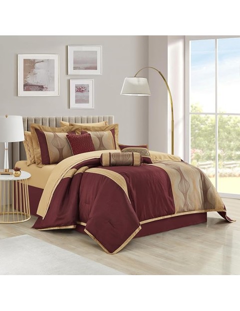 Elegant Wine Gold Comforter Set Califirnia King Size, Striped,15 Piece Room-in-A-Bag, Jacquard Bedding Set, All Season, Matching Decorative Pillows, Pillow Sham, Curtains