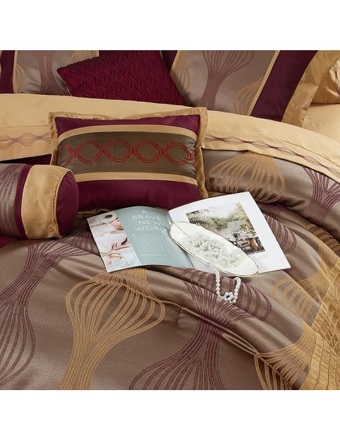 Elegant Wine Gold Comforter Set Califirnia King Size, Striped,15 Piece Room-in-A-Bag, Jacquard Bedding Set, All Season, Matching Decorative Pillows, Pillow Sham, Curtains