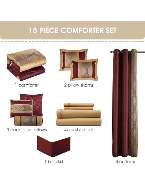 Elegant Wine Gold Comforter Set Califirnia King Size, Striped,15 Piece Room-in-A-Bag, Jacquard Bedding Set, All Season, Matching Decorative Pillows, Pillow Sham, Curtains