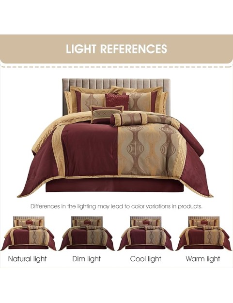 Elegant Wine Gold Comforter Set Califirnia King Size, Striped,15 Piece Room-in-A-Bag, Jacquard Bedding Set, All Season, Matching Decorative Pillows, Pillow Sham, Curtains