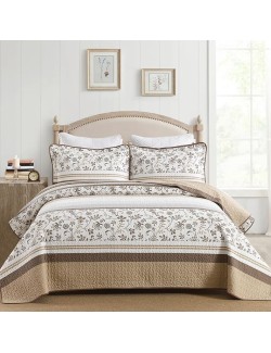 Striped Quilt King Size - Brown Quilt Set with Matching Shams, Vintage Floral Design Farmhouse Bedding Bedspread, 3 Pieces 100% Cotton Lightweight Coverlet Home Decor for All Season