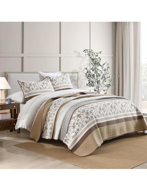 Striped Quilt King Size - Brown Quilt Set with Matching Shams, Vintage Floral Design Farmhouse Bedding Bedspread, 3 Pieces 100% Cotton Lightweight Coverlet Home Decor for All Season
