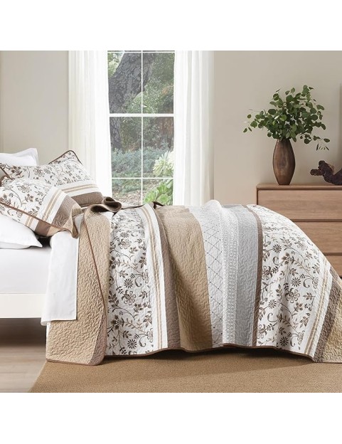 Striped Quilt King Size - Brown Quilt Set with Matching Shams, Vintage Floral Design Farmhouse Bedding Bedspread, 3 Pieces 100% Cotton Lightweight Coverlet Home Decor for All Season