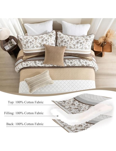 Striped Quilt King Size - Brown Quilt Set with Matching Shams, Vintage Floral Design Farmhouse Bedding Bedspread, 3 Pieces 100% Cotton Lightweight Coverlet Home Decor for All Season
