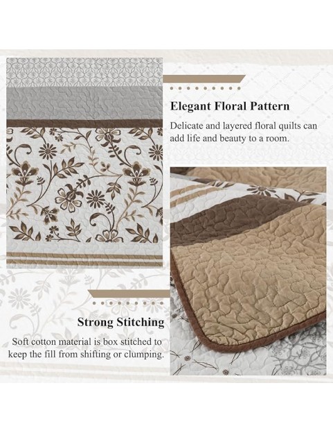Striped Quilt King Size - Brown Quilt Set with Matching Shams, Vintage Floral Design Farmhouse Bedding Bedspread, 3 Pieces 100% Cotton Lightweight Coverlet Home Decor for All Season