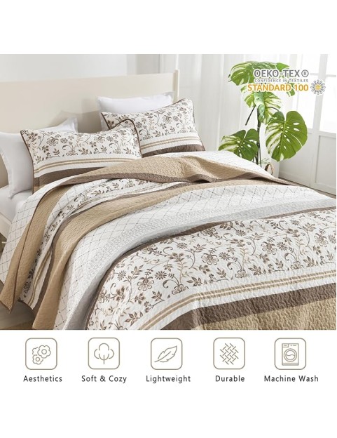 Striped Quilt King Size - Brown Quilt Set with Matching Shams, Vintage Floral Design Farmhouse Bedding Bedspread, 3 Pieces 100% Cotton Lightweight Coverlet Home Decor for All Season