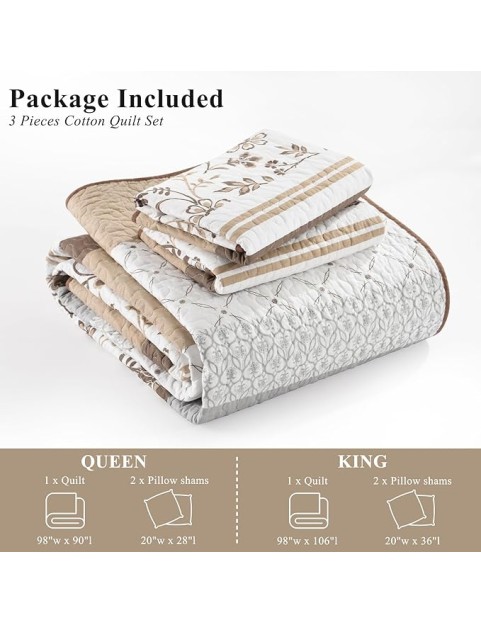 Striped Quilt King Size - Brown Quilt Set with Matching Shams, Vintage Floral Design Farmhouse Bedding Bedspread, 3 Pieces 100% Cotton Lightweight Coverlet Home Decor for All Season