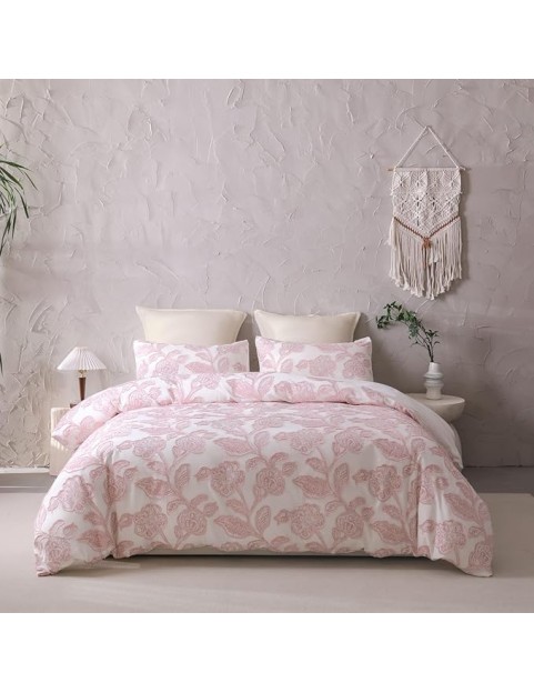 Cotton Clipped Jacquard Comforter Set 5 Pieces, Queen Size, Shabby Chic Home Bedding Set, Pink