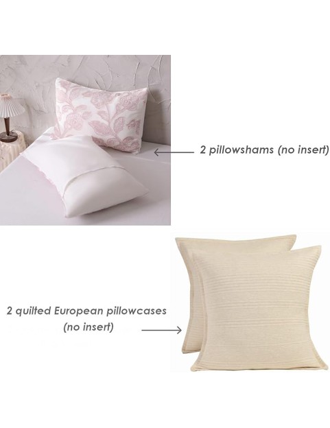 Cotton Clipped Jacquard Comforter Set 5 Pieces, Queen Size, Shabby Chic Home Bedding Set, Pink