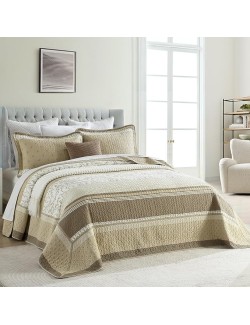 100% Cotton 102"x120" Oversized Queen Bedspread, Queen Size Quilted Bedspread Coverlet Extra Large Quilt Set, Floral Farmhouse XL Bed Spread Lightweight Comforter, Beige/Taupe/Cream, 3 pcs