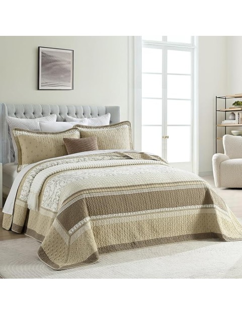 100% Cotton 102"x120" Oversized Queen Bedspread, Queen Size Quilted Bedspread Coverlet Extra Large Quilt Set, Floral Farmhouse XL Bed Spread Lightweight Comforter, Beige/Taupe/Cream, 3 pcs