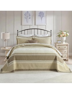100% Cotton 102"x120" Oversized Queen Bedspread, Queen Size Quilted Bedspread Coverlet Extra Large Quilt Set, Floral Farmhouse XL Bed Spread Lightweight Comforter, Beige/Taupe/Cream, 3 pcs