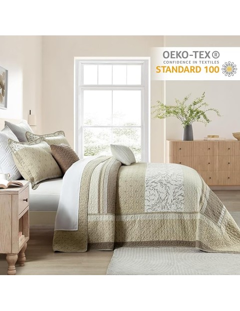 100% Cotton 102"x120" Oversized Queen Bedspread, Queen Size Quilted Bedspread Coverlet Extra Large Quilt Set, Floral Farmhouse XL Bed Spread Lightweight Comforter, Beige/Taupe/Cream, 3 pcs