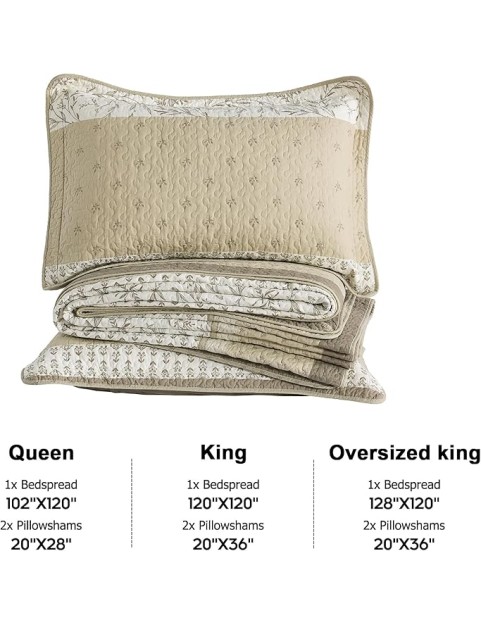 100% Cotton 102"x120" Oversized Queen Bedspread, Queen Size Quilted Bedspread Coverlet Extra Large Quilt Set, Floral Farmhouse XL Bed Spread Lightweight Comforter, Beige/Taupe/Cream, 3 pcs
